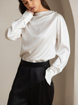 [White] SilkSilky  Long Sleeve Boat Neck Women's Blouse 003