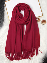 [Wine] Flat-lay view of a rectangular wool shawl with fringed edges, 200 by 70 cm, in wine red 004
