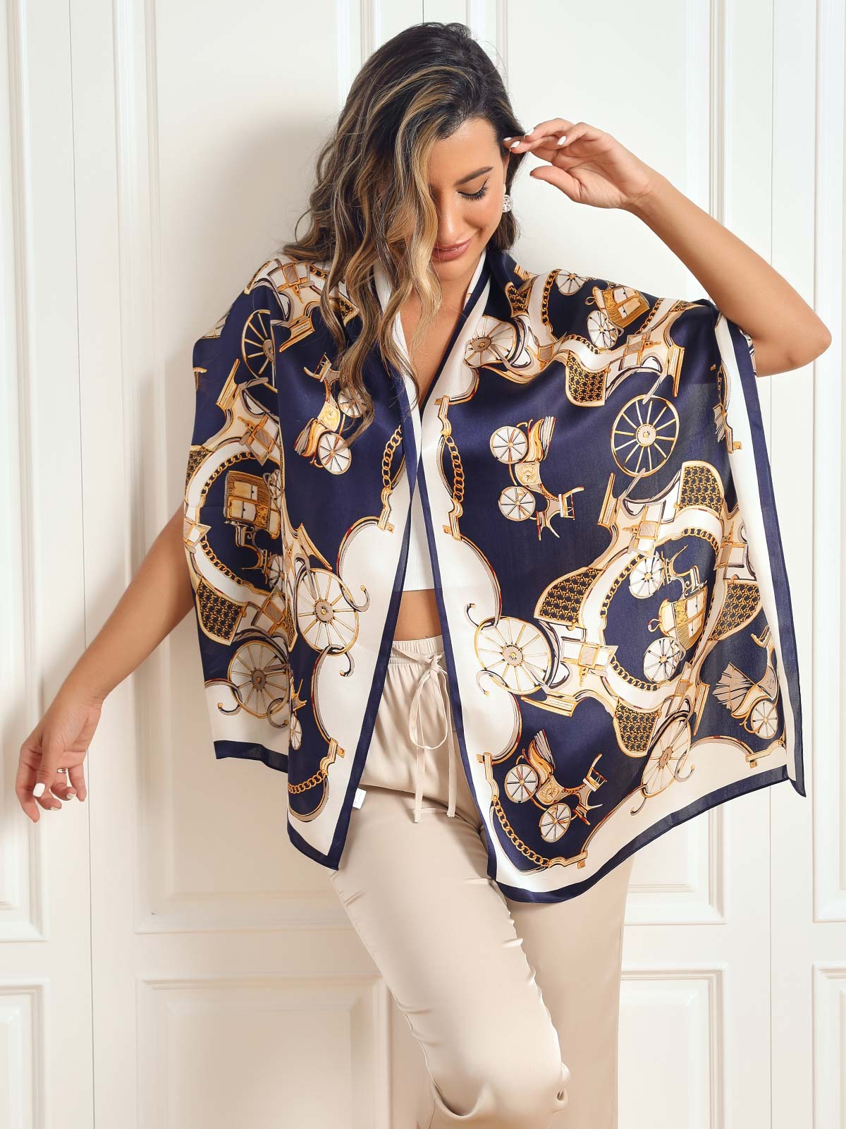 [P026] Navy and ivory mulberry silk printed carriage shawl scarf worn as a wrap