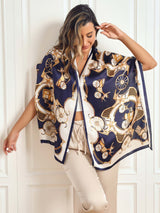 [P026] Navy and ivory mulberry silk printed carriage shawl scarf worn as a wrap