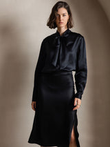 [Black] SilkSilky  Long Sleeve Tie Neck Women's Blouse 001
