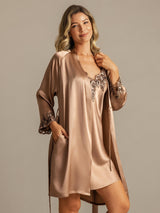 [Brown] Mulberry silk lace nightgown and robe set in champagne with floral trim 006