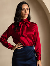 [Wine] SilkSilky  Long Sleeve Tie Neck Women's Blouse 001