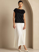 [Black] Black silk cap sleeve cowl neck top with relaxed fit 007