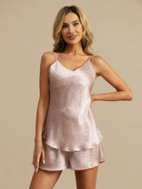 [Pink Heart Geo] Model wearing pink geometric print mulberry silk camisole and shorts set 005