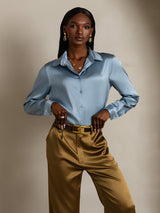 [Grayish Blue] SilkSilky  Long Sleeve Lapel Collar Women's Shirts 001