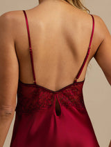 [Wine] SilkSilky  Spaghetti Strap Deep V Neck Nightgown 005