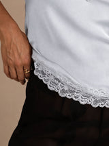 [Grayish Blue] Pale blue lace-trim V-neck camisole top in a lower close-up showing scalloped lace and nearby fabric. 005