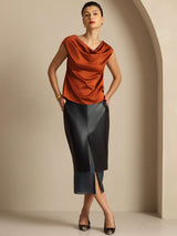 [Caramel] Rust silk cap sleeve cowl neck women’s top styled with black skirt 008