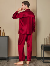 [Red] Men's red mulberry silk pajama set, long sleeve notch collar top and pants 002