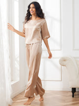 [Champagne] SilkSilky  Half Sleeve Round Neck Women's Pajamas 004