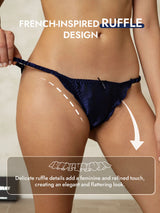 [Dark Blue] Navy silk ruffle trim string panty with French-inspired design and delicate ruffled edges 007