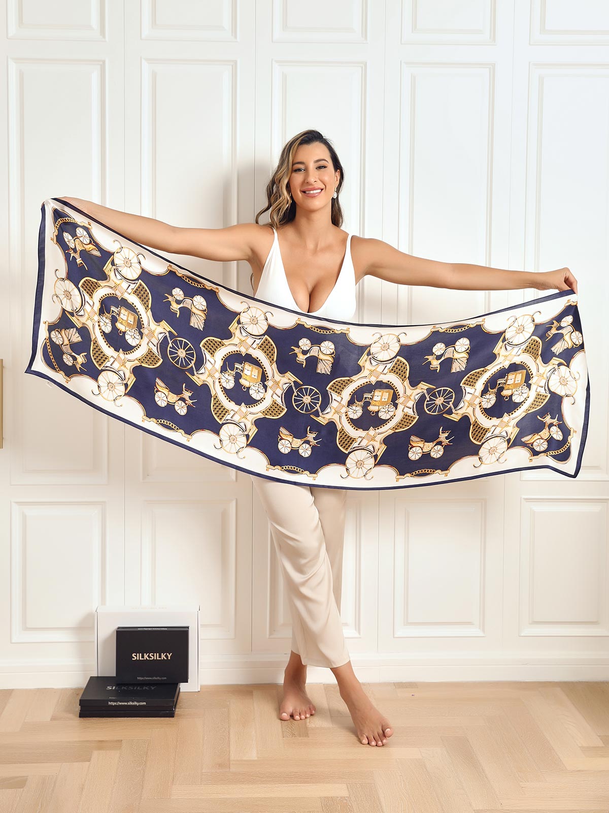 [P026] Navy printed mulberry silk carriage scarf with gold horse and carriage pattern