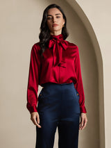 [Wine] SilkSilky  Long Sleeve Tie Neck Women's Blouse 007