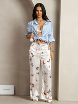 [White Butterfly] White 19 momme silk wide-leg pants with colorful butterfly print and drawstring waist 007
