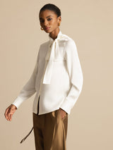 [White] SilkSilky  Long Sleeve Tie Neck Women's Blouse 006