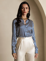 [Navy Stripe] SilkSilky  Long Sleeve Lapel Collar Women's Shirts 003