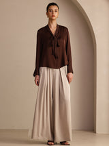 [Bitter Chocolate] SilkSilky Long Sleeve Tie Neck Women's Blouse 006