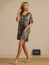 [Leopard] SilkSilky  Silk Short Sleeve V Neck Nightgown 006