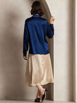 [Dark Blue] Full-length back view of a women's 19 momme silk long-sleeve button-front shirt with pointed collar in navy blue 002