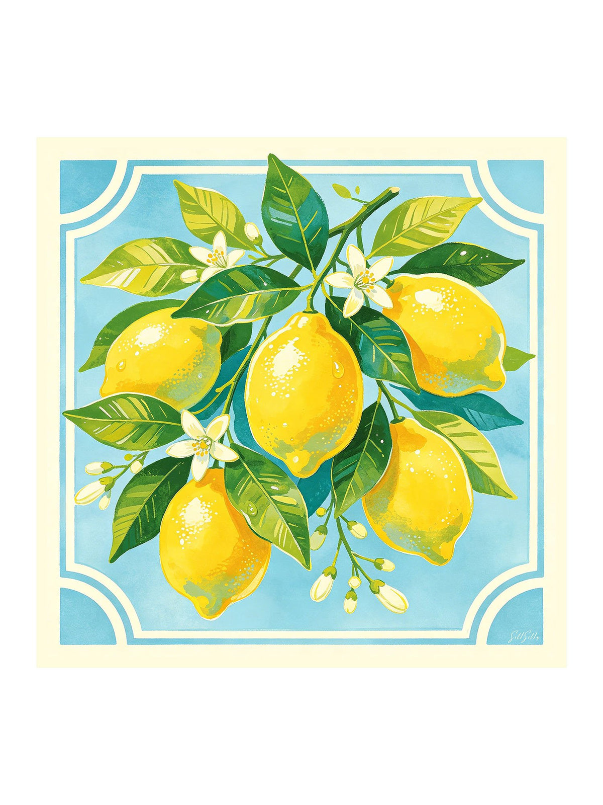 [Blue Lemon] Flat-lay view of a 90 cm square silk scarf in aqua blue and white with yellow lemons, green leaves, and a pale border 001