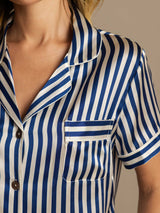 [Dark Blue] Women’s blue and white striped silk pajama shirt with notch collar and chest pocket