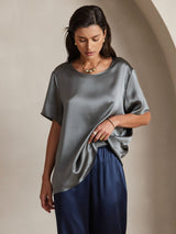 [Dark Gray] Women's gray pure silk short sleeve round neck T-shirt 003