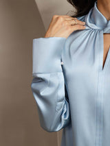 [Grayish Blue] SilkSilky  Long Sleeve Keyhole Neck Women's Blouse 004