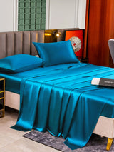 [Teal] Teal 25 Momme mulberry silk bed sheet set with pillowcases on upholstered bed 003
