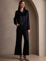 [Black] Black silk long sleeve lapel collar women's shirt with matching pants 006