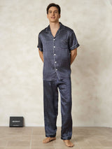[Navy Ginkgo] SilkSilky  Short Sleeve Lapel Collar Men's Pajamas 006