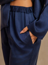 [Dark Blue] SilkSilky  Long Sleeve Lapel Collar Women's Pajamas 005