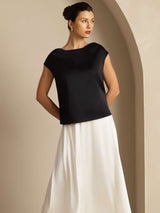 [Black] Black silk cap sleeve cowl neck top with relaxed fit on model 008