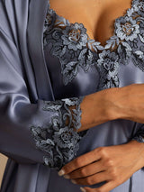 [Steel Blue] Slate gray 100% Mulberry silk robe and camisole with floral lace trim 004