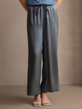 [Grayish Blue] Dark gray mulberry silk wide-leg pants with elastic drawstring waist and side pockets 001