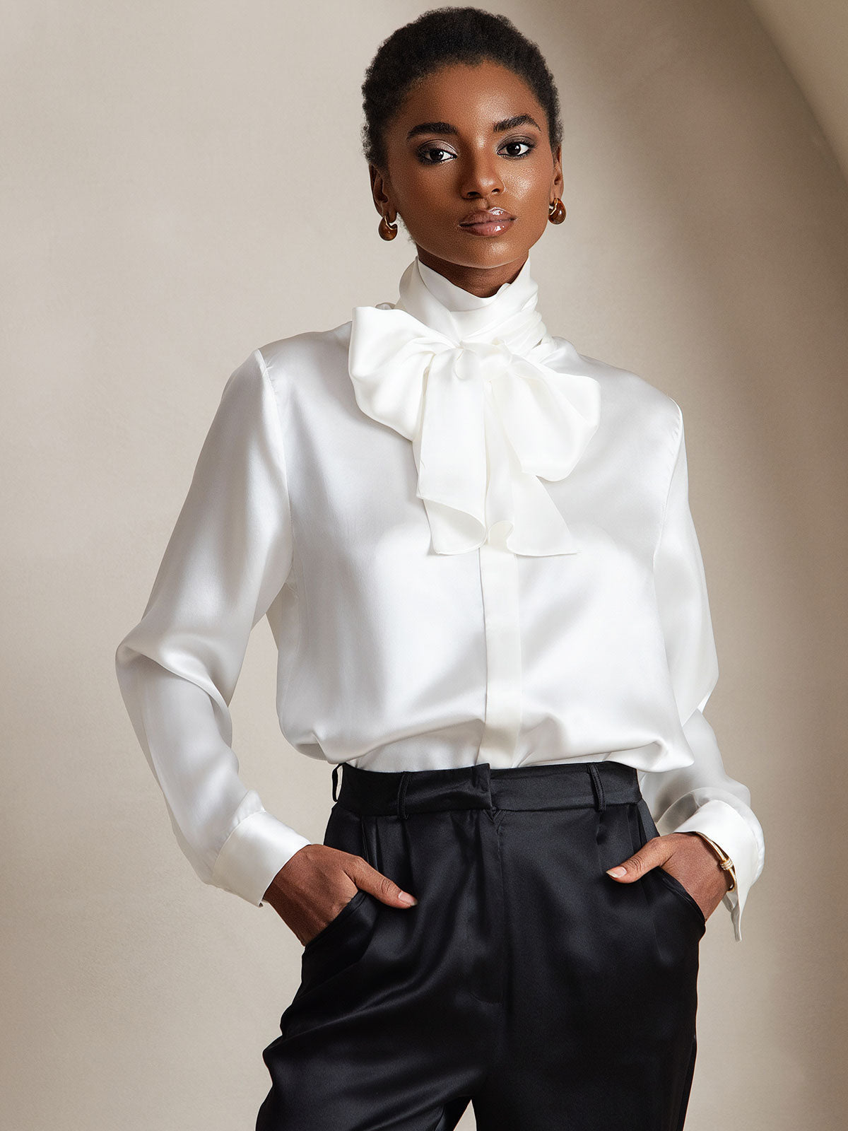 [White] SilkSilky  Long Sleeve Tie Neck Women's Blouse 001