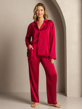 [Wine] SilkSilky  Long Sleeve Lapel Collar Women's Pajamas 003