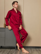 [Red] Men's red mulberry silk pajama set with notch collar and button-up design 001