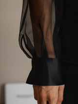[Black] Black sheer silk sleeve with cuff detail on women's silk blouse 004