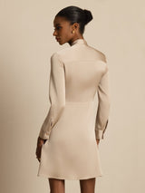 [Tan] Rear studio view of a model wearing a beige long-sleeve tunic mini dress with vertical dark stripes. 002