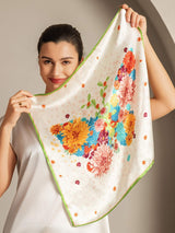 [P091] Model holding 100% Mulberry silk floral square scarf with green trim 004