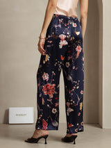 [Navy Floral] Back view of navy floral 19 Momme silk wide-leg pants with elastic waist 002