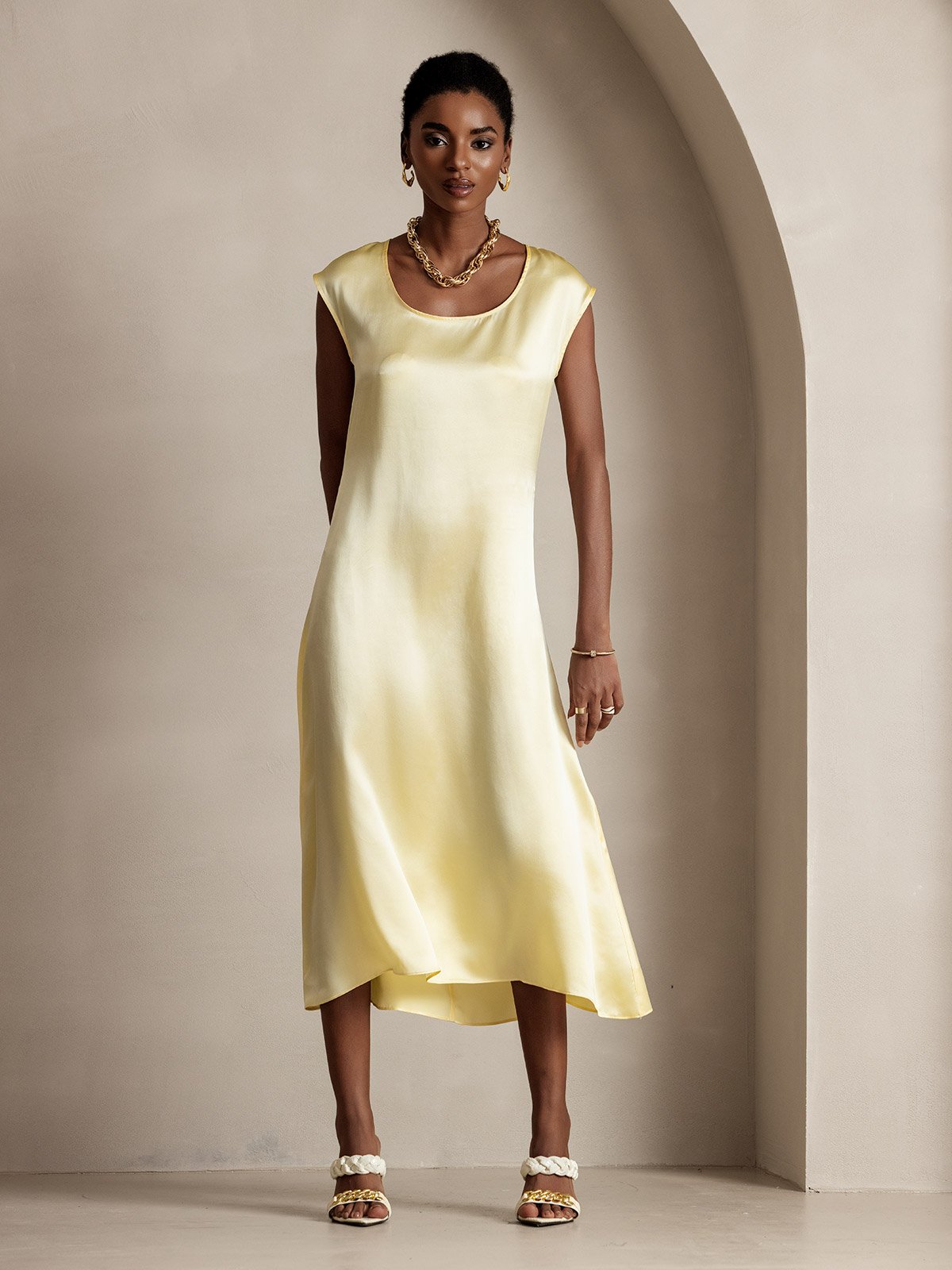 [Light Yellow] SilkSilky  Cap Sleeve Dress 001