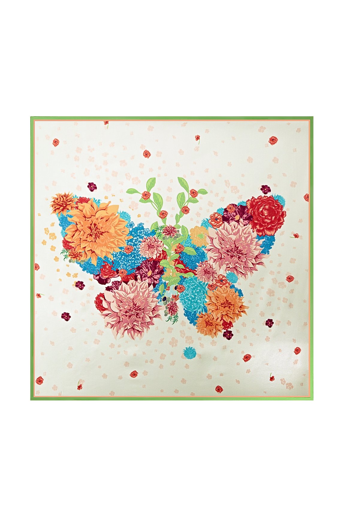 [P091] Mulberry silk square scarf with floral butterfly print and green trim 001
