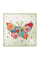 [P091] Mulberry silk square scarf with floral butterfly print and green trim 001