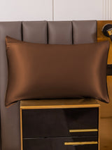 [Coffee] Brown mulberry silk pillowcase on bed, hidden zipper, glossy smooth 100% silk 005