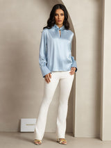 [Grayish Blue] SilkSilky  Long Sleeve Keyhole Neck Women's Blouse 011