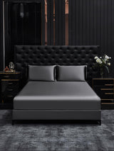 [Dark Gray] Gray silk fitted sheet set with two matching pillowcases on black tufted bed 002