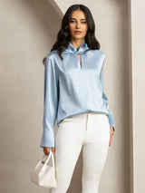 [Grayish Blue] SilkSilky  Long Sleeve Keyhole Neck Women's Blouse 001