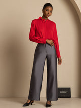 [Wine] Red collared blouse with gray wide-leg trousers appears in a frontal pose with one hand touching the waistline. 008